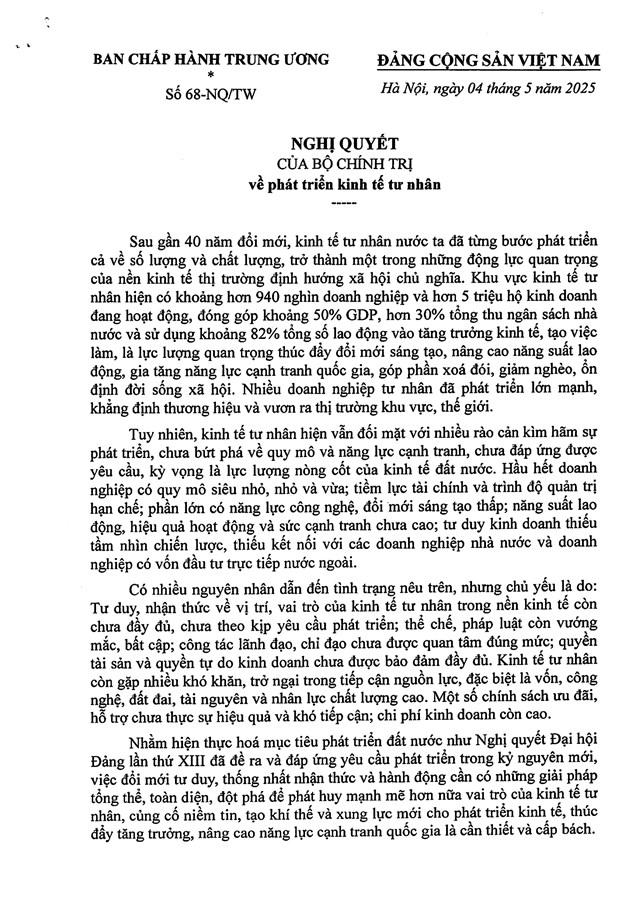TOÀN VĂN: Nghị quyết số 68-NQ/TW về phát triển kinh tế tư nhân - Ảnh 1