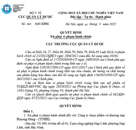 Công ty dược phẩm và thương mại Phương Đông - (TNHH) bị xử phạt 120 triệu đồng