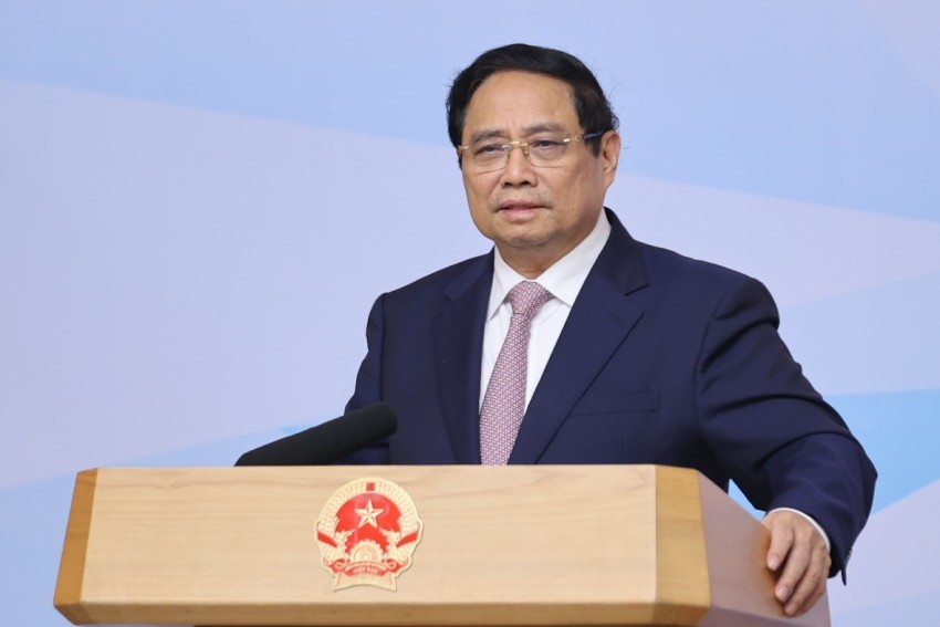 Thủ tướng Phạm Minh Chính phát biểu kết luận Hội nghị về thành lập Trung tâm tài chính quốc tế tại Việt Nam - Ảnh: VGP