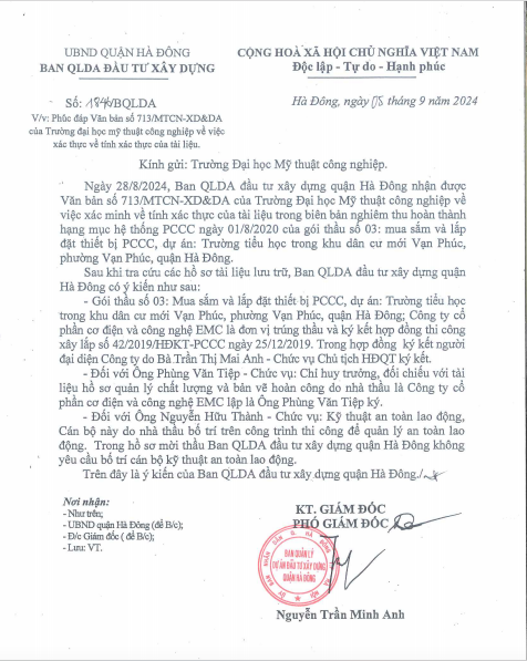 Công văn của Ban Quản lý dự án đầu tư xây dựng quận Hà Đông xác minh tính xác thực của nội dung tài liệu mà Công ty EMC sử dụng để tham gia gói thầu tại trường Đại học Mỹ thuật Công nghiệp.