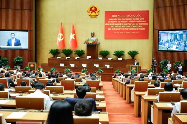 Hội nghị to&agrave;n quốc qu&aacute;n triệt, triển khai thực hiện Nghị quyết 66-NQ/TW v&agrave; Nghị quyết 68-NQ/TW của Bộ Ch&iacute;nh trị. Ảnh: PV