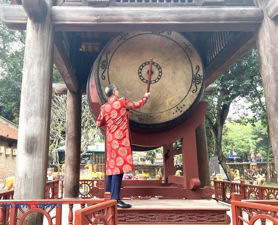Ambassador Olivier beat the ceremonial thunder drum at the site.