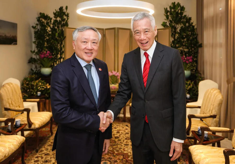Standing Deputy Prime Minister Nguyen Hoa Binh meets Senior Minister Lee Hsien Loong in Singapore. Photo: MDDI (Singapore)