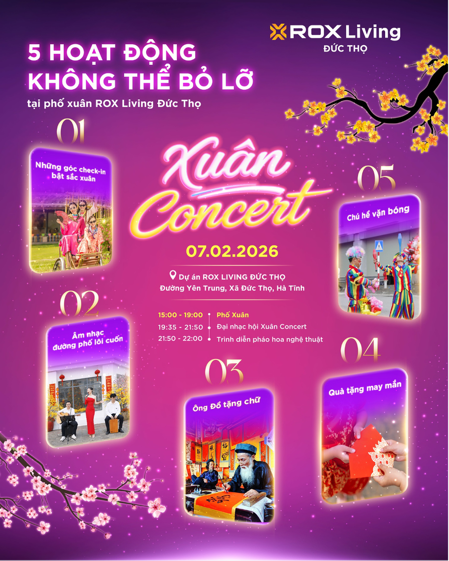 Lịch sự kiện “Xuân Concert” với loạt chương trình đặc sắc mà ROX Living Đức Thọ đặc biệt chuẩn bị dành tặng cho người dân