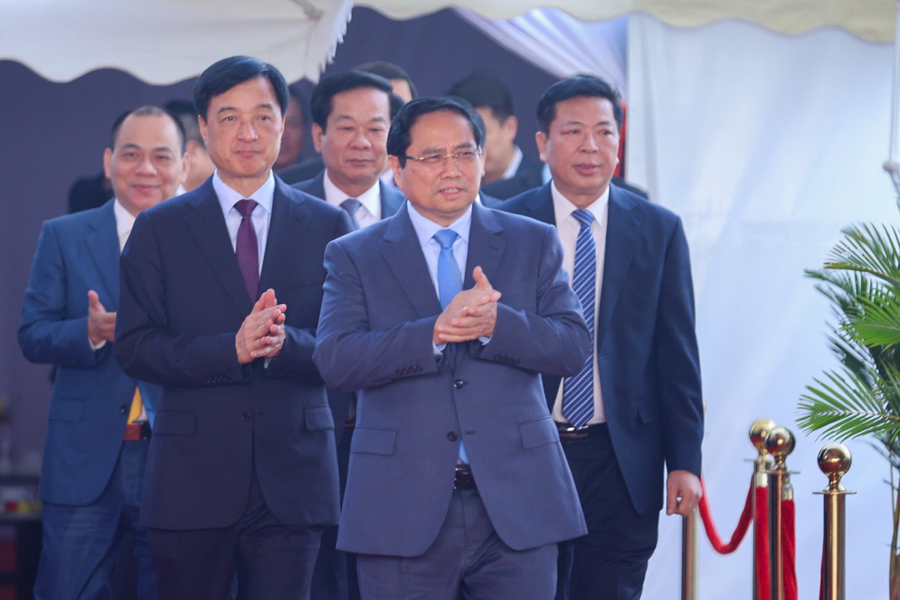 Thủ tướng Chính phủ Phạm Minh Chính, Bí thư Thành ủy Hà Nội Nguyễn Duy Ngọc, Bộ trưởng Bộ Xây dựng Trần Hồng Minh dự Lễ khởi công dự án đầu tư xây dựng khu đô thị thể thao Olympic (xã Thượng Phúc, thành phố Hà Nội)