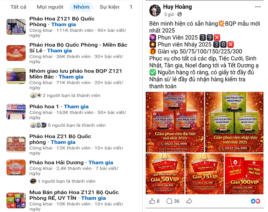 Hình Ảnh một số fanpage, bài viết có nội dung rao bán các loại pháo hoa do Bộ Quốc phòng sản xuất trên mạng xã hội facebook.