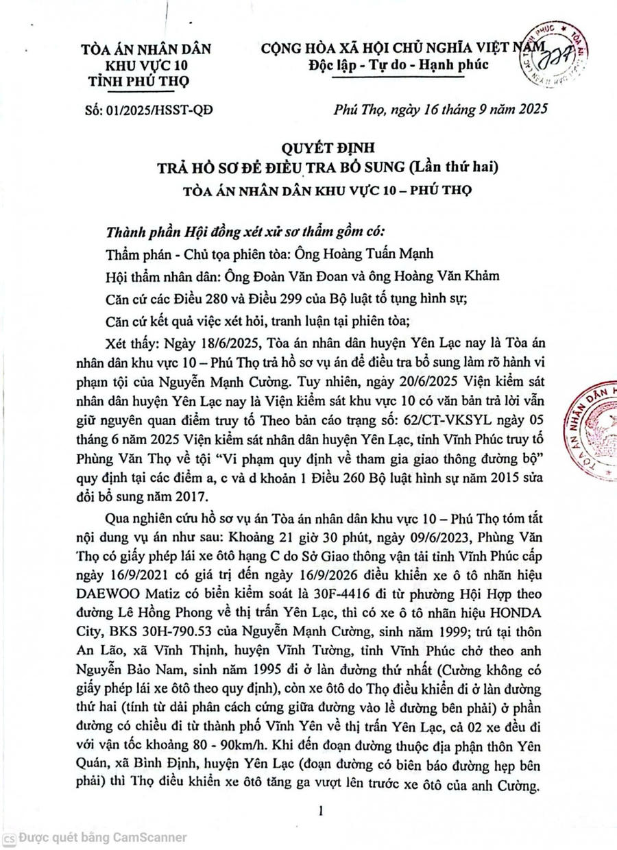 Quyết định trả hồ sơ để điều tra bổ sung lần hai của TAND Khu vực 10 tỉnh Phú Thọ.