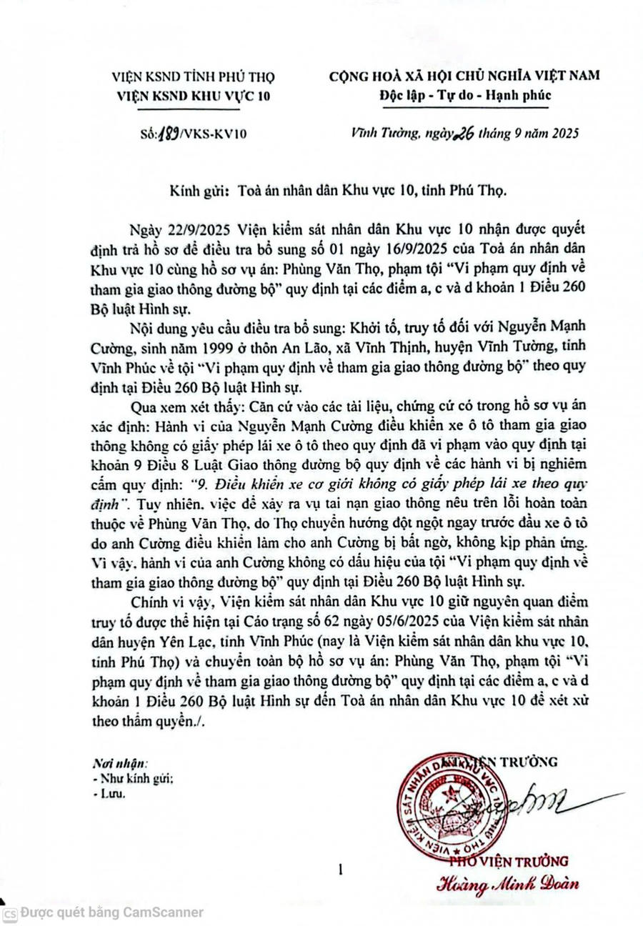 Văn bản của VKSND Khu vực 10 tỉnh Phú Thọ “bảo lưu” quan điểm truy tố của mình.