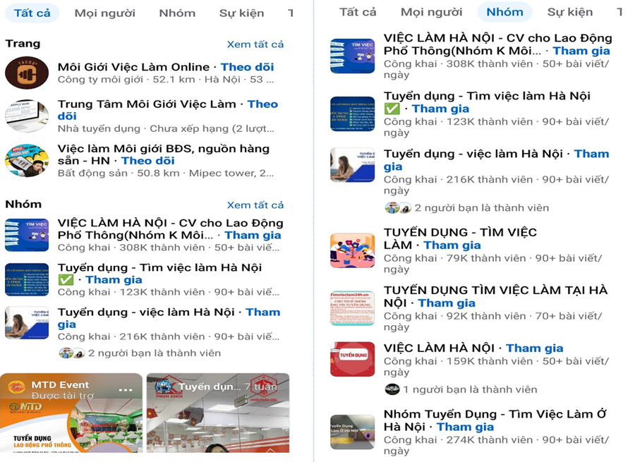 Hình ảnh một số trang mạng xã hội facebook có nội dung tư vấn việc làm.