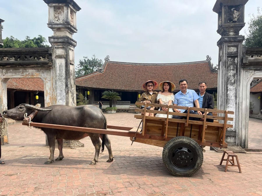 Du khách thích thú trải nghiệm xe trâu ở làng cổ Đường Lâm. Ảnh minh họa