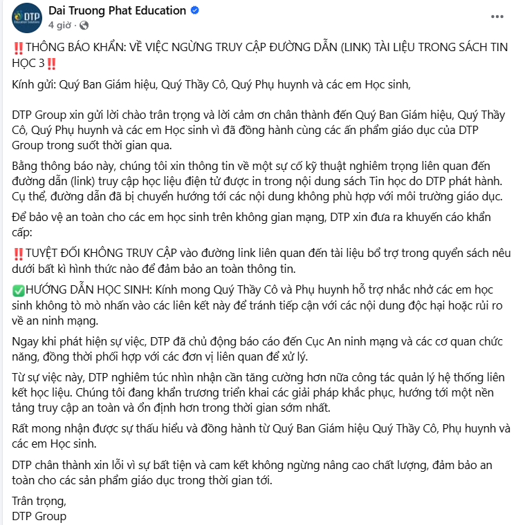 Thông báo khẩn trong ngày 9.4 của DTP Group trên trang fanpage