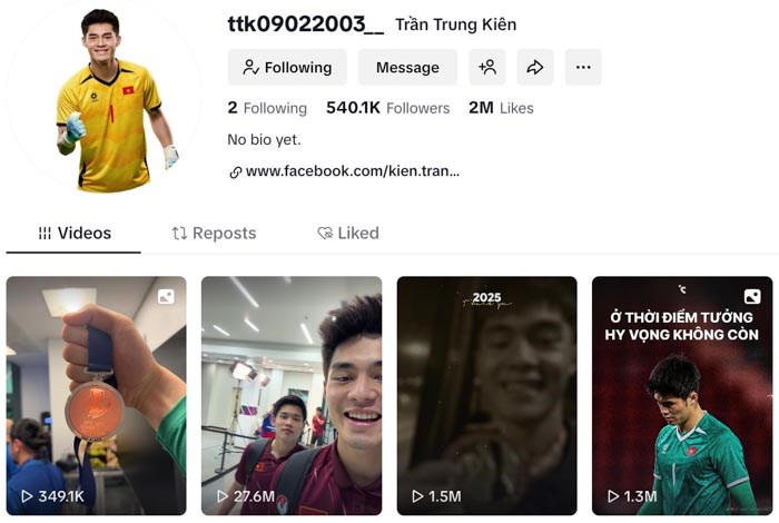 Trần Trung Kiên đạt hơn 500.000 người theo dõi sau U23 châu Á 2026