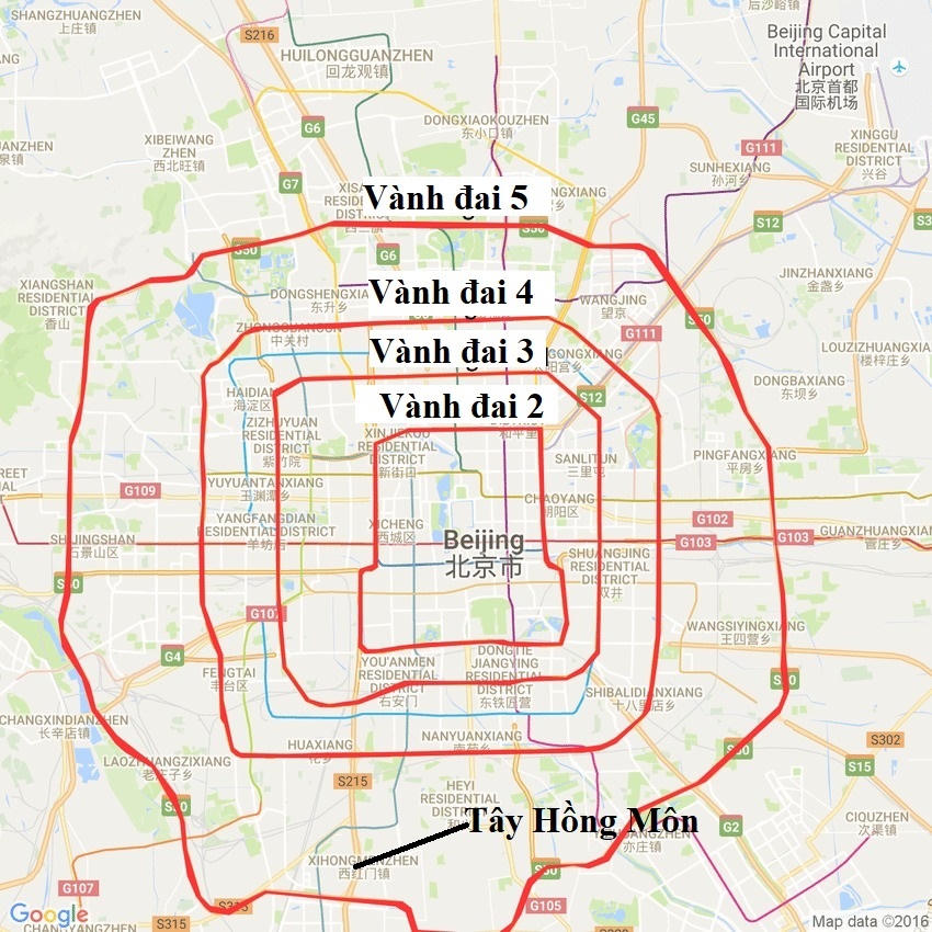 Sơ đồ phân bổ đường vành đai của thành phố Bắc Kinh. Ảnh: Google Map